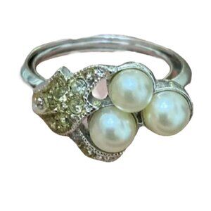 Vintage AVON Ring Triple Faux Pearl Cluster & Rhinestones Silver Tone Band
